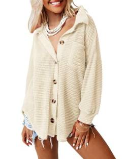 DUOEASE Bluse Damen Langarm übergangsjacke mit V-Ausschnitt Waffel Cardigan Oberteile locker Hemdjacke Shirts Lässiges Hemdbluse (Beige S) von DUOEASE