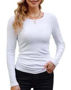 DUOEASE Langarmshirt Mit Rippenbündchen Damen Weiß Rundhal Pullover Elegant Oberteile Gerippt Tshirts Basic Tops Medium von DUOEASE