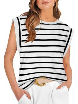 Shirt Damen Casual Locker Basic Tank top Ärmellose Flügelärmel Oberteile Rundhals Shirts Gestreift L von DUOEASE