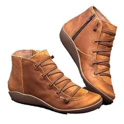 Boots Damen Ankle Winter Schwarz Winterboots Schuhe Blockabsatz Damen Breit Schuhspitze Stiefel Runde Retro Flache Damen Lässige Schnürstiefel Seitlicher Reißverschluss Damenstiefel (Brown, 35) von DYKeWei