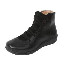 Boots Damen Schwarze Schuhe Damen Winter Stiefeletten für Damen niedriger Absatz, modische Sneaker Stiefeletten für Damen Vintage- zum Schnüren zum Reinschlüpfen flache Damenschuhe Weite (Black, 36) von DYKeWei