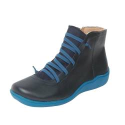 Boots Damen Schwarze Schuhe Damen Winter Stiefeletten für Damen niedriger Absatz, modische Sneaker Stiefeletten für Damen Vintage- zum Schnüren zum Reinschlüpfen flache Damenschuhe Weite (Blue, 41) von DYKeWei