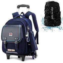 Schulrucksack mit Rollen Jungen Trolley Schultasche Kinder Teenager Rucksack mit Rollen Teens England-Stil Trolley Schulranzen Blau Navy Kostenloses Stifteetui 20x32x43cm von DYMY