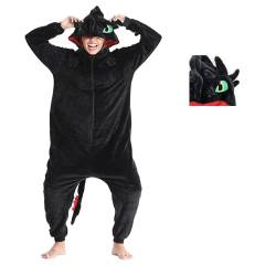 Ohnezahn Pyjama Weihnachten Tier Drachen Zug Flanell Kostüm Winter Plüsch Onesie PJS Cosplay für Familie Frau Erwachsene, Schwarz, XL von Dacnod