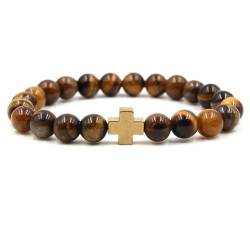 Daesar Herren Armbänder, Perlenarmband Chakra 8MM Tigerauge mit Gold Kreuz Männer Armbänder Charms 19CM von Daesar