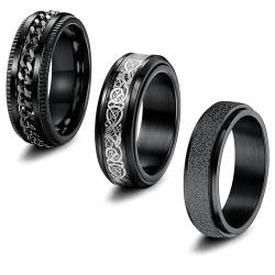 Daesar Partnerringe Edelstahl 8MM, Herren Ringe Personalisiert Drehbar mit Drachen Muster und Kette Männer Ringe Personalisiert Schwarz Freundschaftsringe 3er Set Gr.62 (19.7) von Daesar