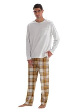 Dagi Men's Ecru Long Sleeve Crew-Neck Pocket Detailed Woven Bottom T-Shirt & Trousers Pyjama Set, Ecru,M von Dagi