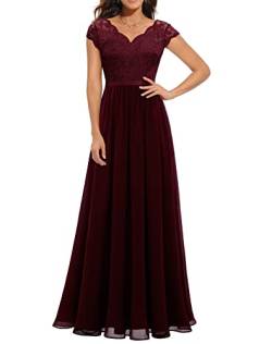 Daisyaner Damen Elegant Maxi Abendkleid V-Ausschnitt Spitze Ballkleid Chiffon Cocktailkleid Standesamt Hochzeitskleid Bodenlang Abschlusskleid Burgunderrot S von Daisyaner