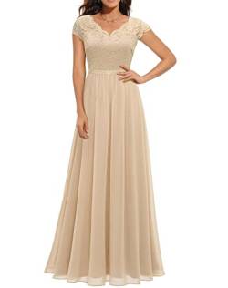 Daisyaner Damen Elegant Maxi Abendkleid V-Ausschnitt Spitze Ballkleid Chiffon Cocktailkleid Standesamt Hochzeitskleid Bodenlang Abschlusskleid Champagner L von Daisyaner