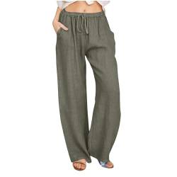 Dajowake Damen Leinenhose Lang Leicht Sommerhose Weitem Bein Bundfaltenhose Mode Einfarbig Freizeithose Oversized Locker Luftige Hose Musselin Yogahose Baumwolle Leinen Schnürhose Sporthose von Dajowake