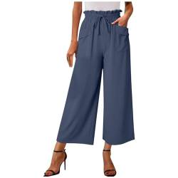 Damen Hosen Sommer 7/8 Leinenhose Weites Bein Hohe Taille Hose Leicht Casual Marlenehose Bequem Stoffhose Baumwolle Leinen Haremshosen Loose Fit Freizeithose Elastische Caprihose von Dajowake