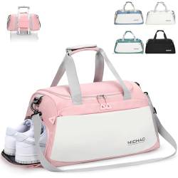 Damcyer Reisetasche Sporttasche Damen Reisetasche Groß 48x23x27 Sporttasche Mit Schuhfach Und Nassfach Wasserfest Handtasche Duffle Bag Für Sport & Reisen Für Männer Und Frauen, Weiß+Rosa von Damcyer