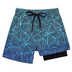 Dancinova Badeshorts Jungen Badehose Kinder Kompression Liner Schwimmhose Schnelltrocknend mit Liner Blau Druck 7Jahre von Dancinova