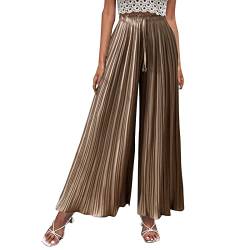 Hosenrock Damen Lang Sommer Chiffon Culottes Hose High Waist Plissee Palazzo Hosen Elegant Weites Bein Sommerhose Leicht und Luftige Freizeithose Stoffhose Straight Loose Fit Hosen (Khaki, L) von Dantazz