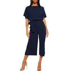 Jumpsuit Damen Sommer Elegant 7/8 Overall O-Ausschnitt Kurzarm Anzug Hosenanzug mit Gürtel Locker Weites Bein Playsuits Romper High Waist Spielanzug Strampler für Hochzeit Festliche (Marine, M) von Dantazz