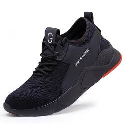 Arbeitsschuhe Herren Leicht Stahlkappenschuhe Damen Sicherheitsschuhe Herren Leicht Sportlich Breite Füße Unzerstörbar rutschfeste Arbeit Schuhe mit Stahlkappe Sneaker Safety Shoes for Men Schwarz von Darhoo