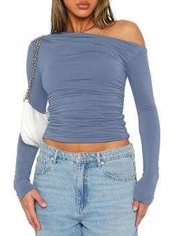 Darong Damen Casual Langarm U-Boot-Ausschnitt Schulterfrei Slim Fit Crop Top Ausgehen Blusen Y2K Enge Shirts, Grau, Blau, Groß von Darong