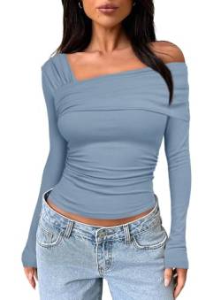 Darong Damen One Off Shoulder Tops Lange Ärmel Bluse Ausgehen Tops Y2K Shirt Slim Fit Geraffte Crop Top, Grau, Blau, Mittel von Darong