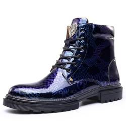 Dcbdx Herren Lederstiefel Winterschuhe mit Schlangenmuster Runde Zehe Schnürstiefeletten Taktische Militärstiefel,Blau,42 EU von Dcbdx