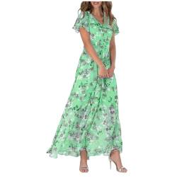 DeaAmyGline Sommerkleid Damen Lang Maxikleid Blumenkleid Strandkleid Sommer Chiffon Kleid Rüschen Kurzarm V Ausschnitt Swing Boho A Linien Lange Kleider Elegant Freizeitkleid Partykleid von DeaAmyGline