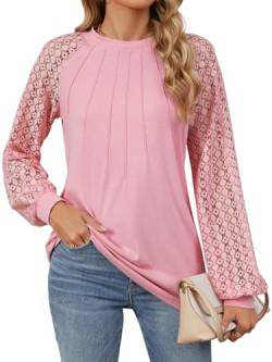 Bluse Damen Elegant Trachtenblusen Spitzenbluse Damen Langarmshirt Festliche Blusen Spitzen Oberteile Damenblusen Langarm Tuniken Damen T Shirt Longbluse Blusenshirt (Rosa,S) von Decorie