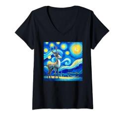 Damen Hirsch Sternennacht Vincent Van Gogh Himmel Berühmte Malerei Kunst T-Shirt mit V-Ausschnitt von Deer Starry Night Van Gogh Art
