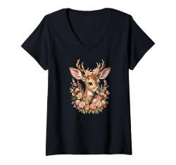 Damen Goldener Hirsch Blumen Damen Trachtenshirt Rehkitz Trachten T-Shirt mit V-Ausschnitt von Deko Trachtenbluse Damen Dirndl Ersatz Mädchen