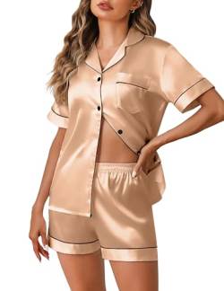 Demegimi Damen Satin Schlafanzug Seide Pyjama Kurz Sommer Kurzarm Nachtwäsche Frauen Knopf Pyjama Set V-Ausschnitt Hausanzug Loungewear von Demegimi