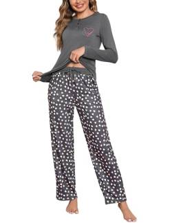 Demegimi Schlafanzug Damen Lang Pyjama Baumwolle Winter Nachtwäsche Rundhals Schlafanzüge mit Herzen Loungewear Sleepwear Hausanzug von Demegimi