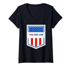 Damen Kamala Harris Präsidentin 2024 USA Amerika Yes She Can T-Shirt mit V-Ausschnitt von Demokraten Outfit US Wahlen Election Damen Herren