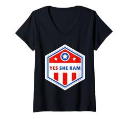 Damen Kamala Harris Präsidentin 2024 USA Amerika Yes She Kam T-Shirt mit V-Ausschnitt von Demokraten Outfit US Wahlen Election Damen Herren