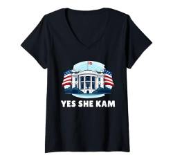 Damen Kamala Harris Präsidentin 2024 USA Amerika Yes She Kam T-Shirt mit V-Ausschnitt von Demokraten Outfit US Wahlen Election Damen Herren