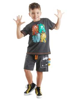 Denokids Jungen T Shirt Shorts Set, Graues Melange Tshirt, Baby Anzug mit Rawr Dino Aufdruck und 3D Dino Spikes Kurze Hose, Baumwolle Jungen Kleidung Set, Maschinenwaschbar, 2 bis 8 Jahre | 7 Alter von Denokids