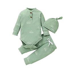 Derouetkia Baby Jungen Kleidung Neugeborene gerippte Langarm Strampler mit Sonnenmuster für Hosen und Hut Outfits Set, Grün, 3-6 Monate von Derouetkia