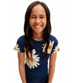 Desigual für Mädchen. 24SGTK21 Marineblaues Gänseblümchen-T-Shirt mit Rippenstruktur (5/6años= 116cm), Lässig, Viskose, Kurzarm, Kinderbekle von Desigual