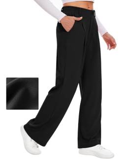 Desol Hosen Damen Waffel Lang Palazzo Hose Elegant Stoffhose Anzughose Damen Weite Sommerhose mit Taschen High Waist Hose Damenhose Weites Bein von Desol