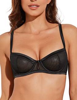 Deyllo Damen BH mit Bügel Transparente Mesh-Spitze Ungefütterter Bügel-BH Durchsichtiger Demi BH (Schwarz,80D) von Deyllo