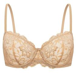 Deyllo Damen Spitzen Push up BH mit Bügel Balconette Dirndl BH Weich Bequem BH Ungepolsterter Sexy Bra Spitze Bralette Grosse Grössen Beige 80E/36E von Deyllo