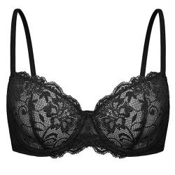 Deyllo Damen Spitzen Push up BH mit Bügel Balconette Dirndl BH Weich Bequem BH Ungepolsterter Sexy Bra Spitze Bralette Grosse Grössen Schwarz 75C/34C von Deyllo