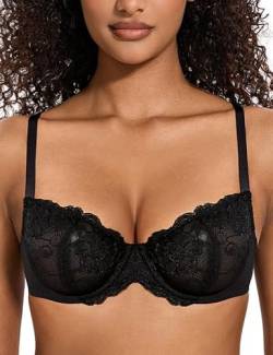 Deyllo Damen Spitzen Push up BH mit Bügel Balconette Dirndl BH Weich Bequem BH Ungepolsterter Sexy Bra Spitze Bralette Grosse Grössen Schwarz 80B/36B von Deyllo