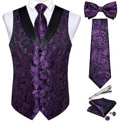 DiBanGu Einfarbig Anzug Weste für Männer Satin Weste Set mit Krawatte Fliege Krawattenklammer Einstecktuch Manschettenknöpfe 6 Stück Weste, Schwarz Violett, Large von DiBanGu