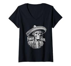 Damen Mexikanisches Skelett mit Sombrero Fumar Y Vivir Smoking Skull T-Shirt mit V-Ausschnitt von Dia De Los Muertos Day of the Dead Men Women Tees