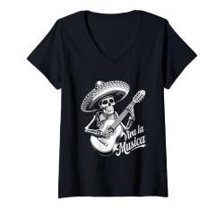 Damen Skelett Mariachi Viva La Musica Cinco De Mayo Mexikanische Party T-Shirt mit V-Ausschnitt von Dia De Los Muertos Day of the Dead Men Women Tees