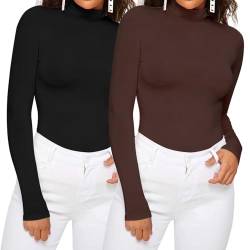 Dihope Damen Rollkragenshirt Basic Elegant Langarmshirt Rolli Weicher Pullover Sweatshirts Dünn Stretch Unterziehrolli Slim Fit Oberteile für Herbst Winter(2pc-Schwarz+Kaffee,XL) von Dihope