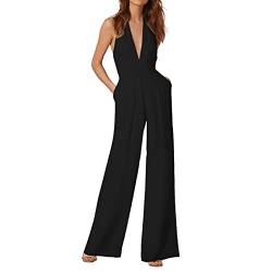 Dinnesis Ärmelloser, sexy Damen-Overall mit tiefem V-Ausschnitt und rückenfreier Taille Damen Jumpsuit S (Black, M) von Dinnesis