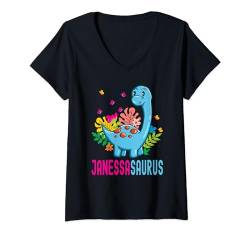 Damen Janessasaurus Personalisierter Name Janessa Dino Dinosaurier Geburtstag T-Shirt mit V-Ausschnitt von Dinosaur Personalized Name Apparel