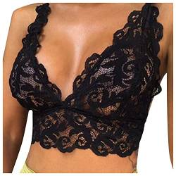 Bustier Damen Transparent Spitze Blumen Bustier Crop Top Dünn Transparente Spitze BH Sexy V-Ausschnitt Weste Bralette Ohne Bügel Push up BH Starker Halt Große BrüSte Schwarz,XXL von Dislsokrhov