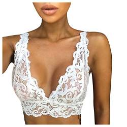 Bustier Damen Transparent Spitze Blumen Bustier Crop Top Dünn Transparente Spitze BH Sexy V-Ausschnitt Weste Bralette Ohne Bügel Push up BH Starker Halt Große BrüSte Weiß,XXL von Dislsokrhov