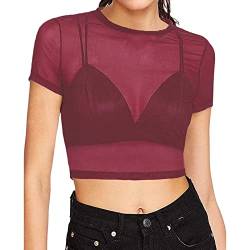 Damen Kurzarm Bluse, Durchsichtige Kurze Ärmel Sheer Mesh Nahtlose Arm Shaper Crop Tops T Shirt Netz Unterhemd Reizwäsche Mesh Dessous Body Tunika Tank Top Transparente Bluse B3-Rot,XL von Dislsokrhov