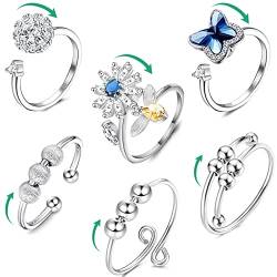 Edelstahl Anti-Angst-Ring 6 Stück Fidget Verstellbare Ringe Set Fidget Rings Damen mit Perlen Band Ring Geometrischer Runder Perlen Bienen Blumen Ring Schwenkring zur Spannungsentlastung von Disnace